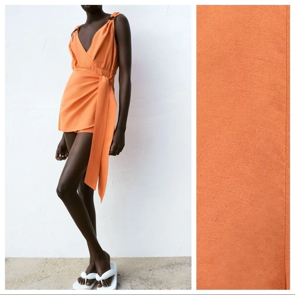 NWT. Zara Orange Crossover Tied Wrap Short Jumpsuit with Bow. Size S.